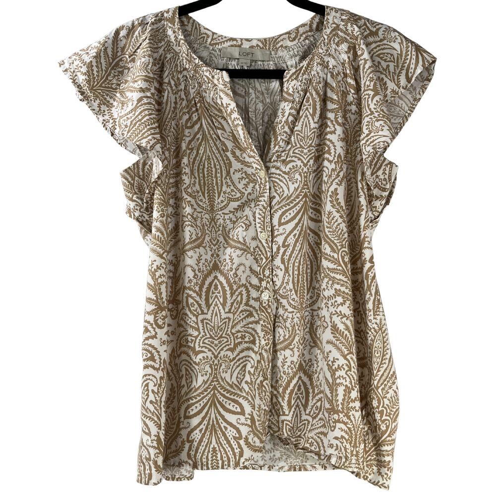 LOFT Tan White Paisley V Neck Button Front Flutter Sleeve Top XS